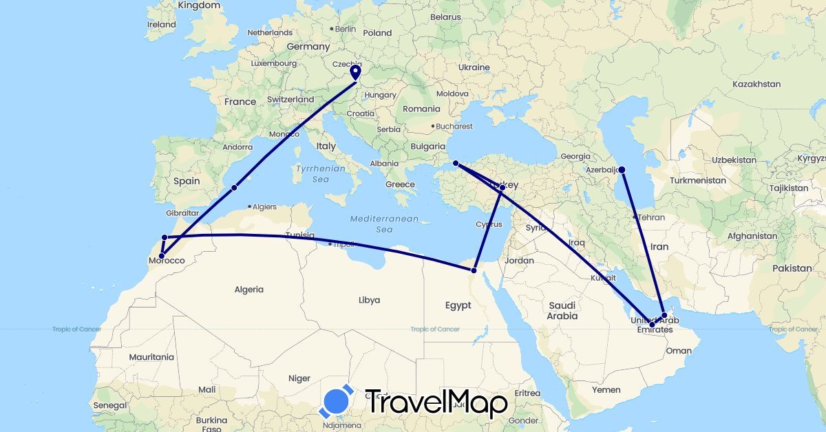 TravelMap itinerary: driving in United Arab Emirates, Austria, Azerbaijan, Egypt, Spain, Morocco, Turkey (Africa, Asia, Europe)